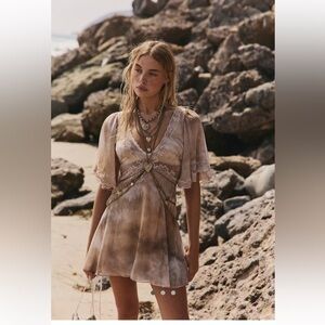 Free People Tie-Dye Lace Mini Dress in Brown and Cream